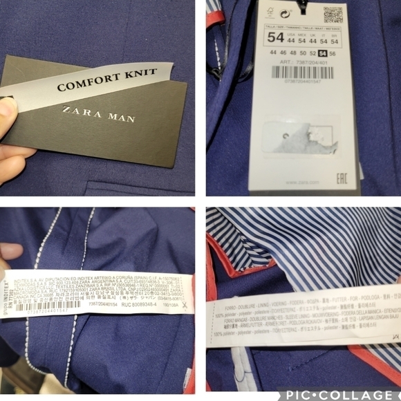 ZARA Man Navy Blue Slim Fit Blazer Jacket White Elbow Patch US Size 54 - Picture 12 of 16